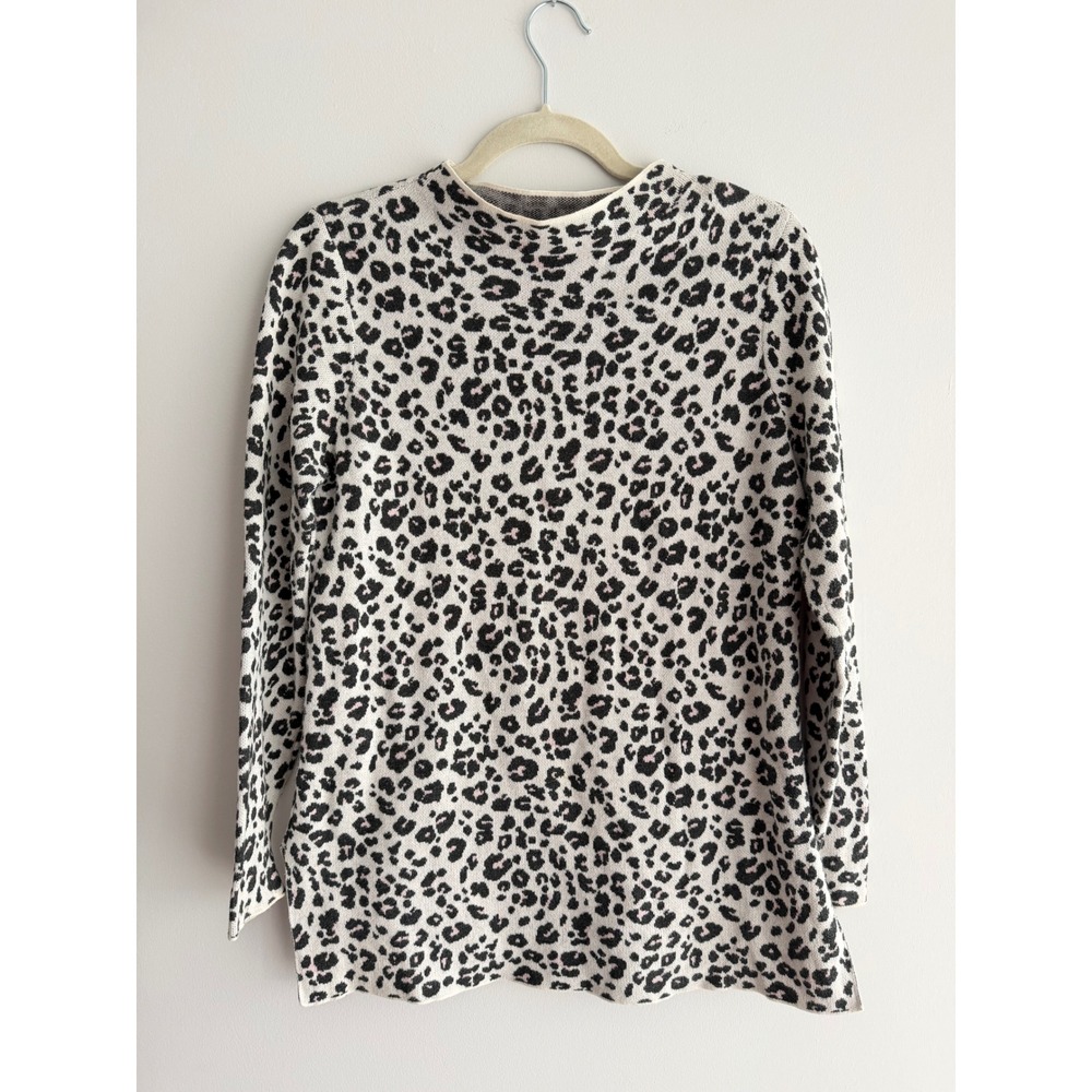 LOFT Womens Leopard Print Mock Funnel Neck Knit Tunic Sweater Ivory Black SM